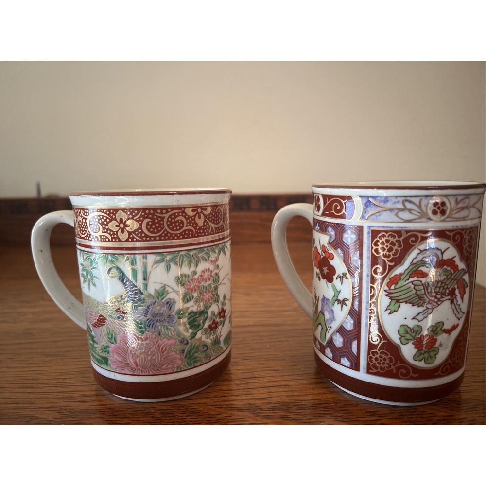 Vintage Lot Of 2 GHC Japan Coffee Mug Hand Painted Floral Peacock Asian Bird